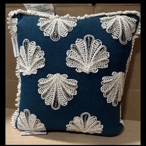 New Coastal Collection Blue White Beaded Seashells Throw Pillow 12X12 Nautical